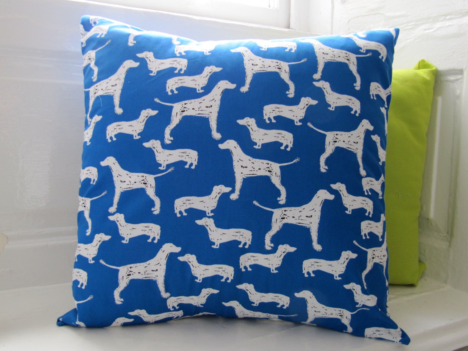 Cool Dog Print Cushion - Cobalt Blue and White Doggie Pillow - Sketched Dogs Printed Cushion