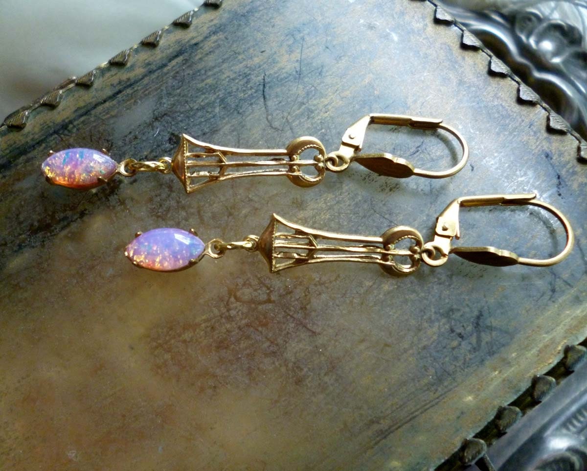 Vintage Art Nouveau Deco Glass Opal Earrings - Gold Brass