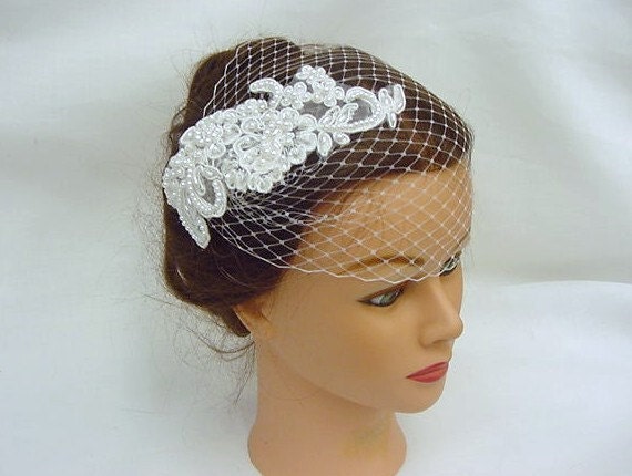 Gatsby Style Bridal Wedding Veil French Net Cage Blusher with Lace Accent