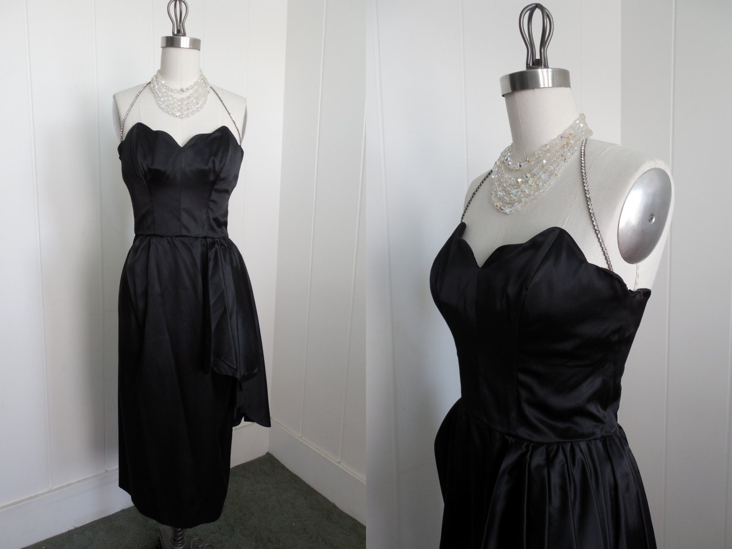 1950's LBD Cocktail Dress with Scalloped Bust and Rhinestone Halter Strap by Beaumelle VLV