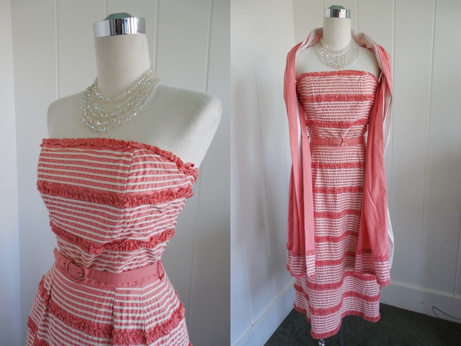 1950's Vintage Suzy Perette Salmon Pink Ruffle A- Line Dress with Cotton Shawl