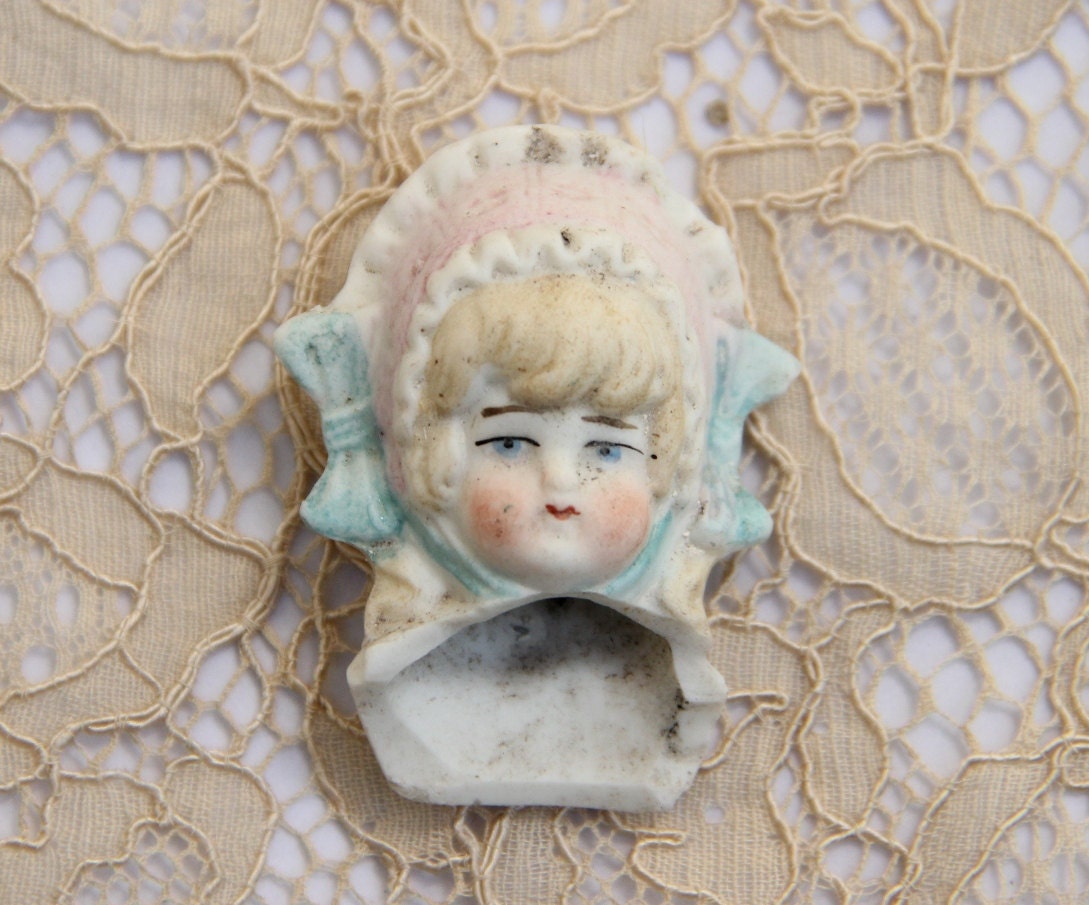 Bisque Doll Head from Germany- Blonde Hair and Flowered Hat