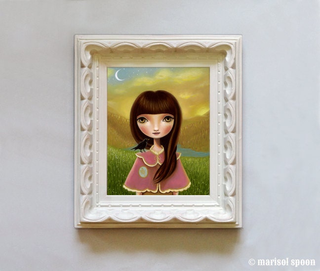 Big eyed Girl raven crow Art print sun and moon - Early Morning Breeze print on somerset velvet - woodland art by Marisol Spoon