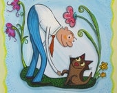 Hello Pal Fun Colorful Pop FRIENDSHIP Cartoon Painting Kitten with Friendly Fellow
