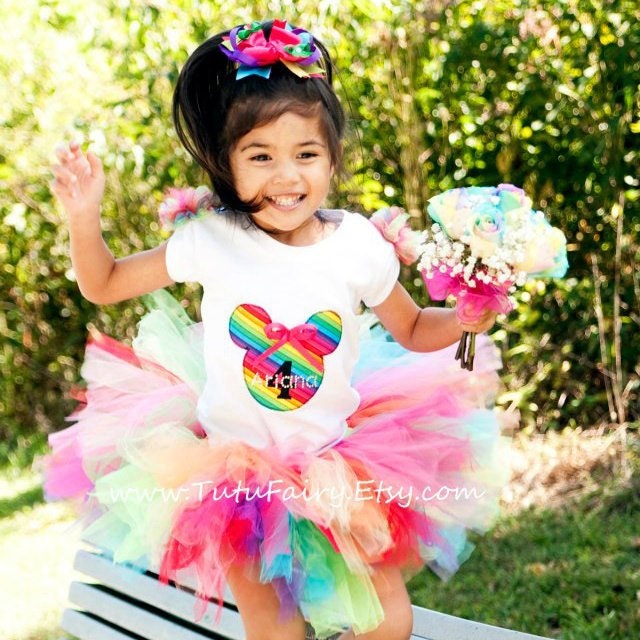 Rainbow Minnie Mouse Tutu Set. includes 5 Pieces. Custom made. Personalized Shirt.