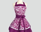 Ruffled Retro Apron . Flirty Full Womens Handmade Apron in Brandy and White Damask  Cute Ruffled Vintage Style Skirt