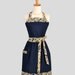 Womens Bib Full Apron - Handmade Retro Womens Apron in Indigo Navy Blue with Ivory Damask Trim full Kitchen Apron