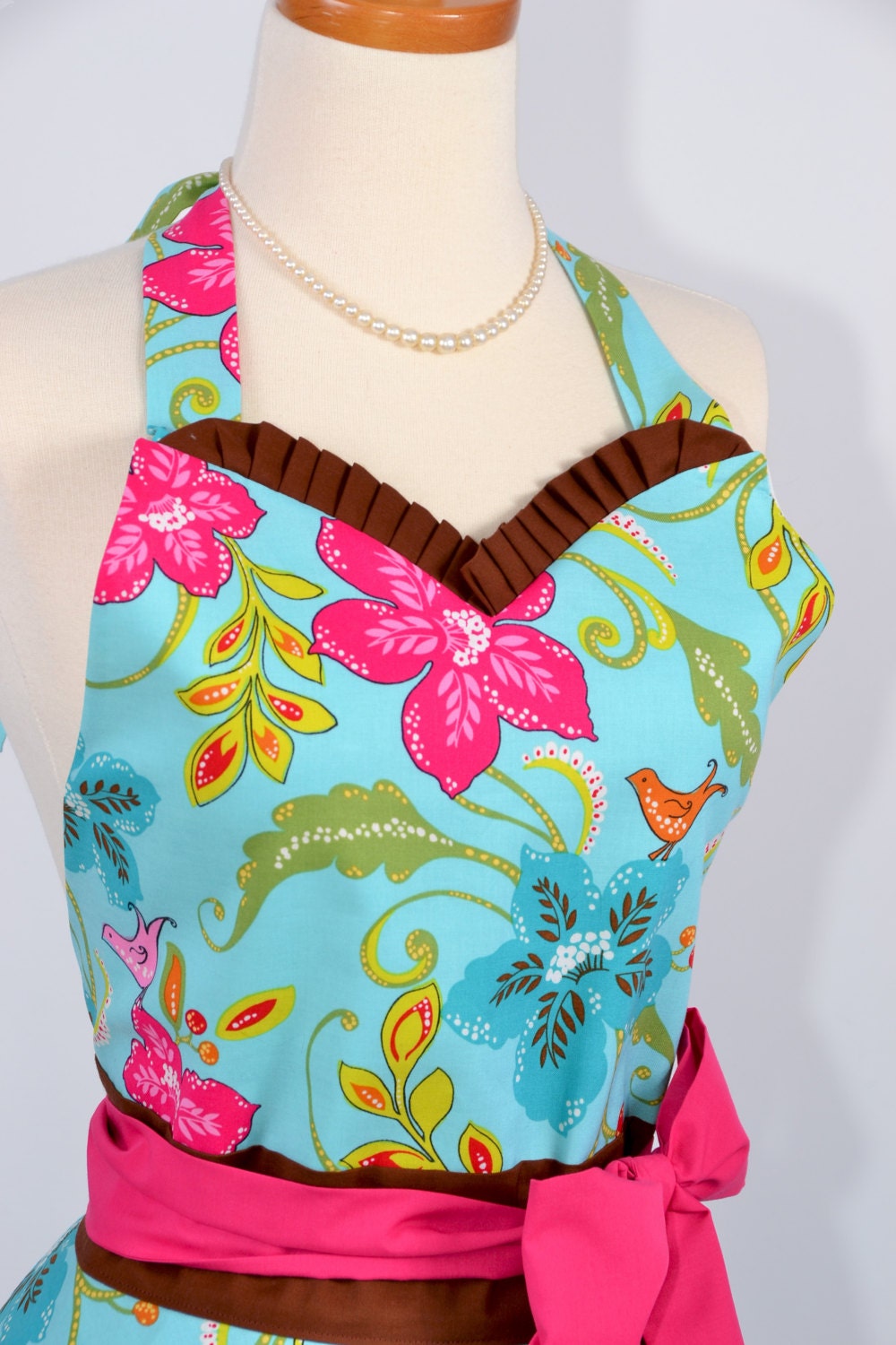 Sweetheart Retro Apron : Handmade Ruffled Floral in Song Bird Jewel with Brown and Hot Pink Trim
