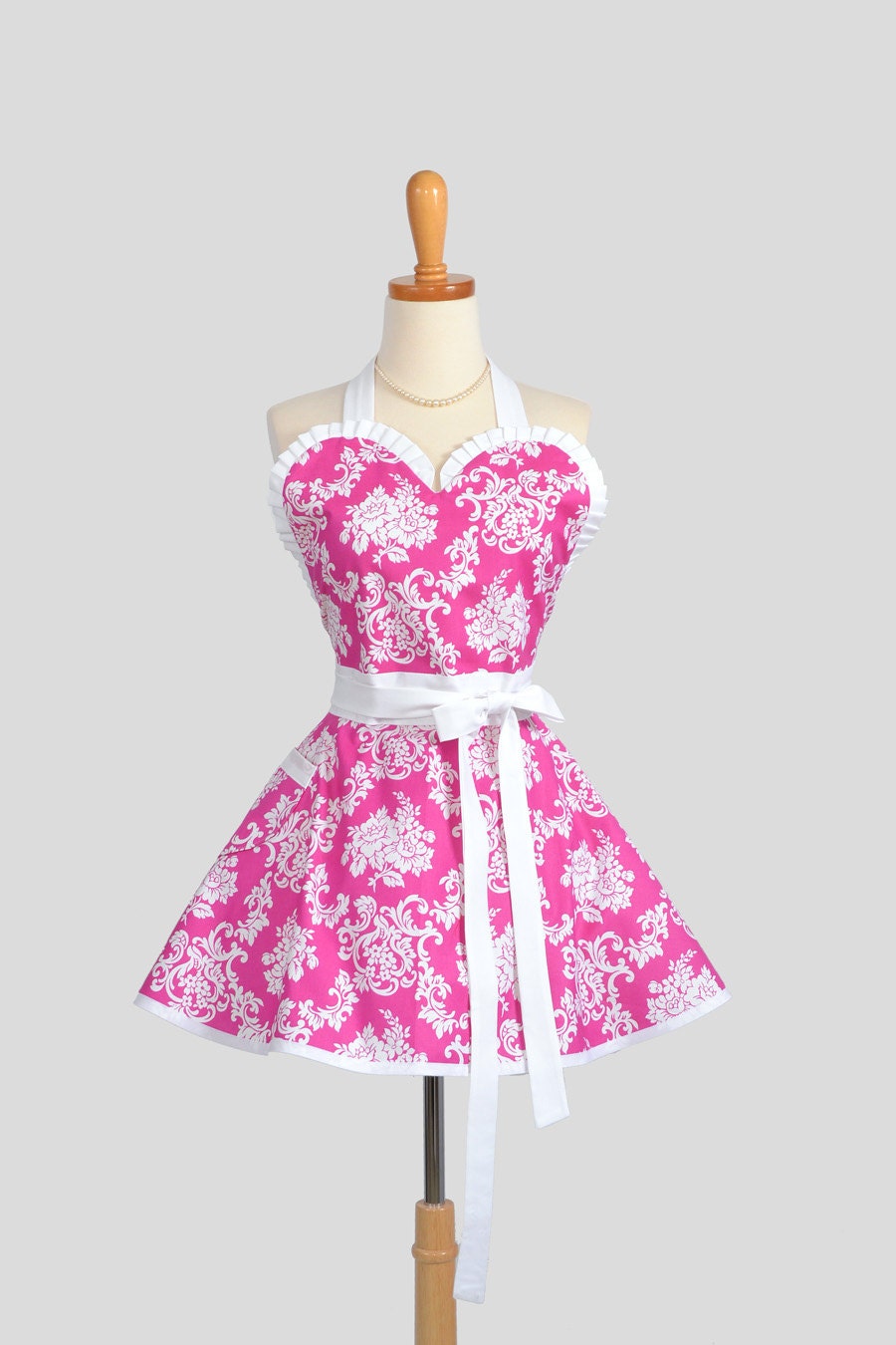 Sexy Retro Pinup Apron - Hot Pink and White Damask Cute and Retro Womens Sweetheart Pinup Apron