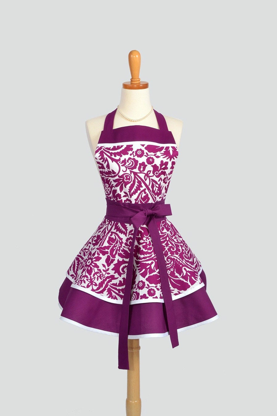 Ruffled Retro Apron . Flirty Full Womens Handmade Apron in Brandy and White Damask  Cute Ruffled Vintage Style Skirt