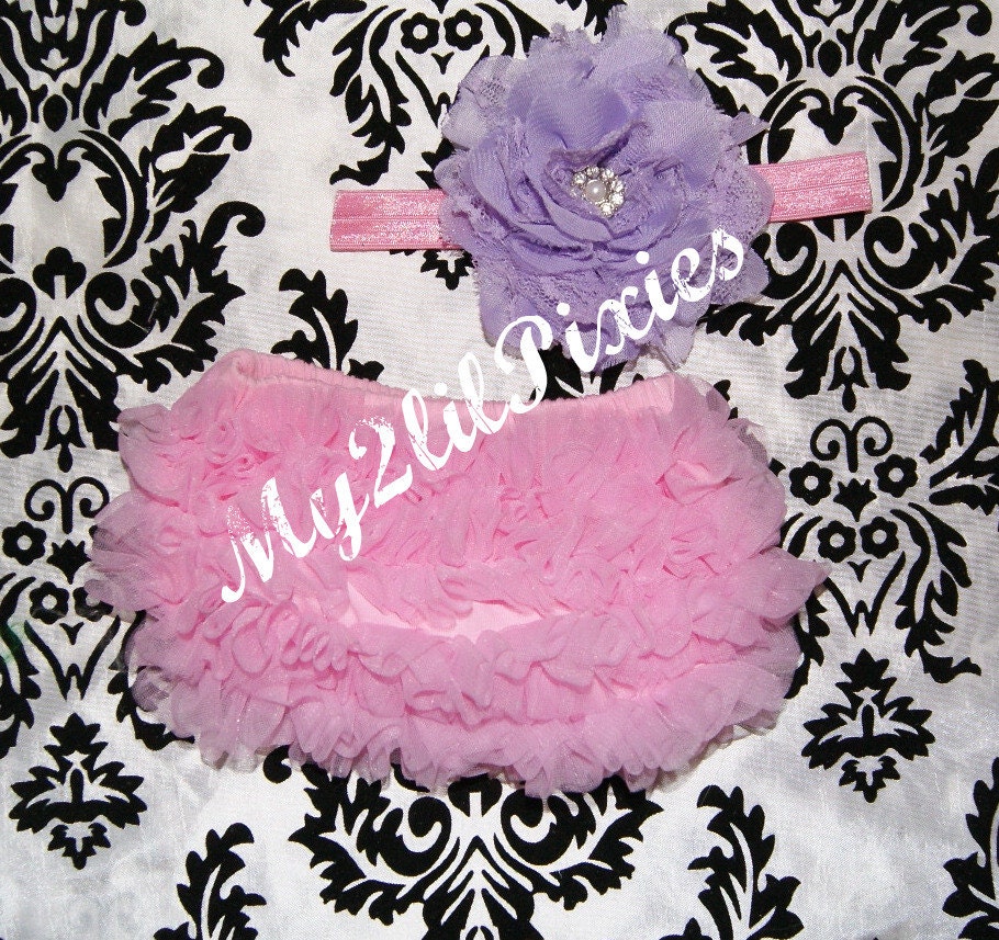 Set- Vintage  Inspired Ruffle Bum Baby Bloomer and Chiffon Lace Frayed Flower Pearl Center on Stretch Headband- My2lilPixies
