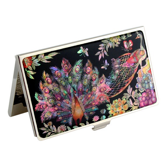 Mother of Pearl Peacock Pair Design Metal Business Name ID Card Case Holder