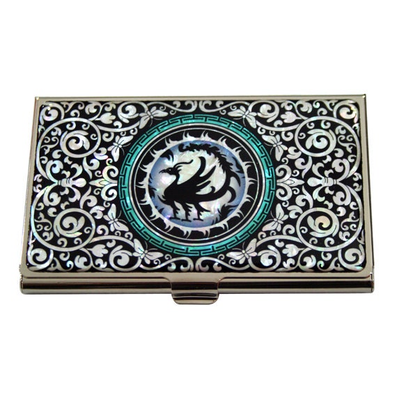 Mother of Pearl Business Credit Name Card Holder ID Money Case with Three-legged Crow Design