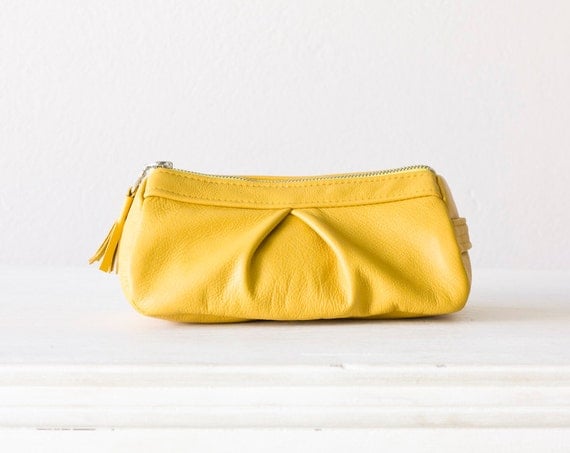 Yellow Leather cosmetic bag   ,  leather makeup bag