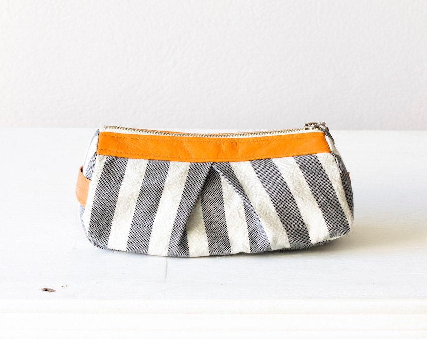 Stripe makeup bag  , cosmetics case  in   cotton canvas and orange leather