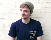 Khaki beanie hat, mens plain knitted beanie hat, menswear fashion.