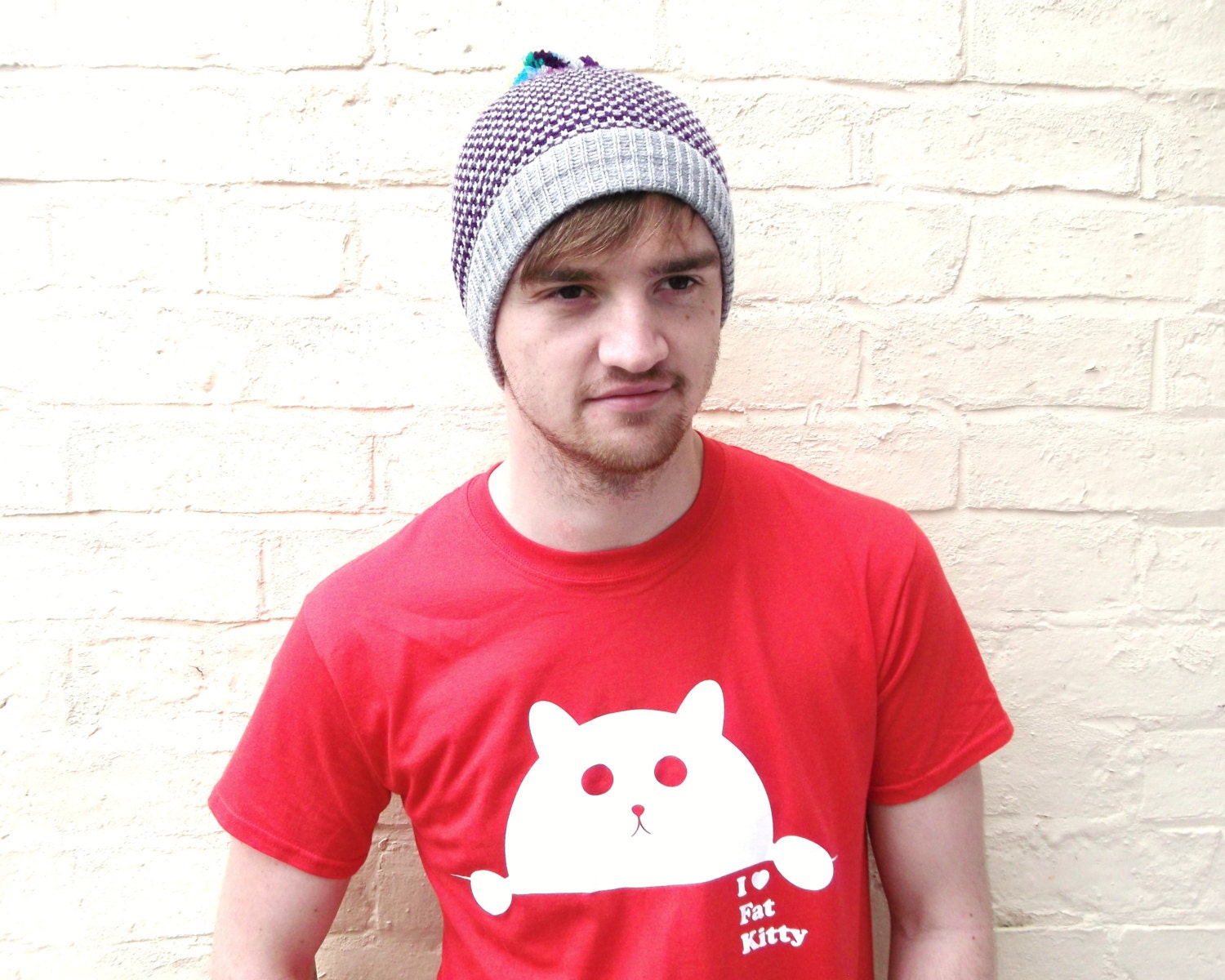 Pom pom hat, mens bobble beanie, guys winter festive holiday hat.