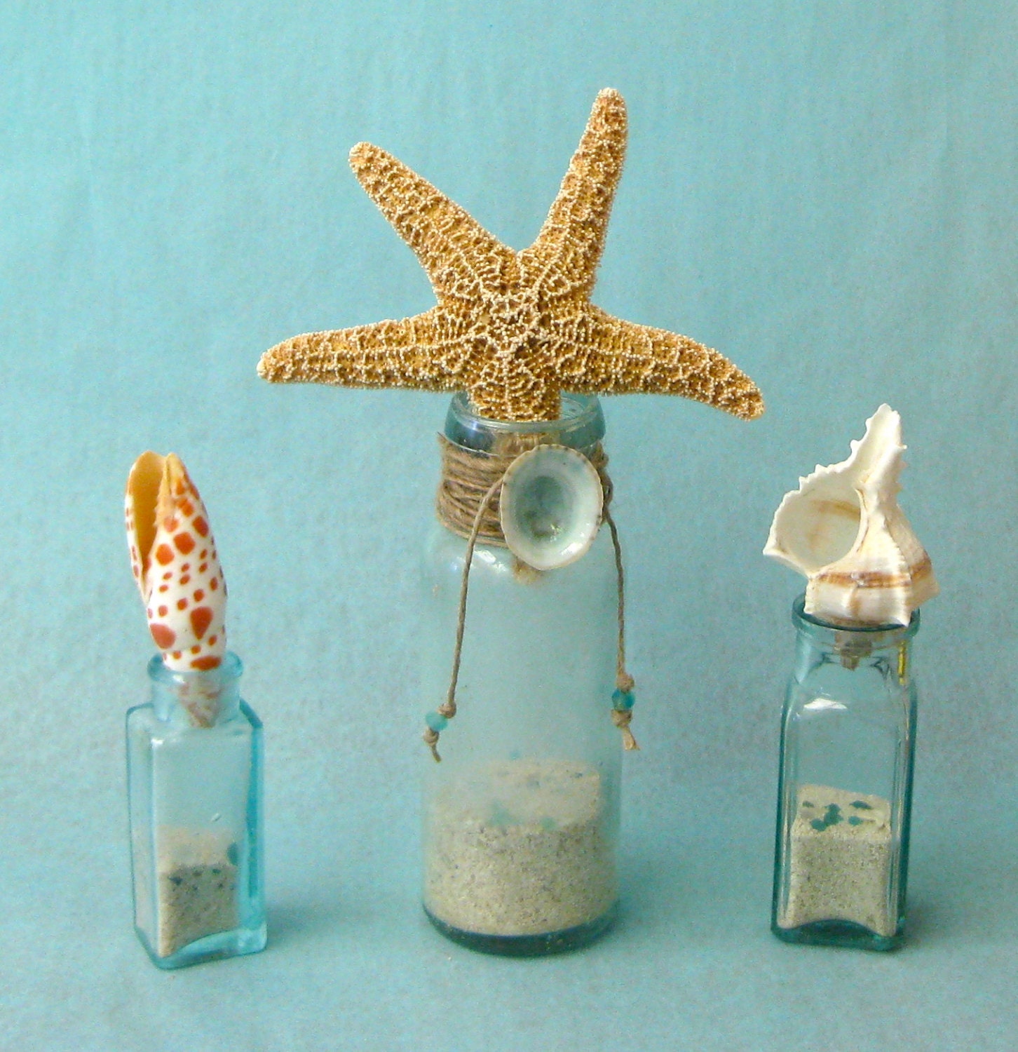 Beach Decor -  Vintage Aqua Bottles with Starfish and Shells