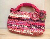 Basket Handbag --- Pink Purple White Rag Bag --- Fabric Crocheted Purse --- with two fabric flowers --- Tagt Team --- Spring Fashion