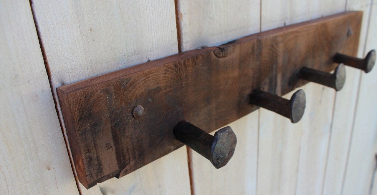 Railroad Spikes - Wall Hooks - 32 Inches - Four Spikes - Handcrafted - Your Choice of Color or Natural Wood