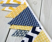 Bunting Photo Prop Fabric Flags  - Yellow and Navy Blue Chevron Dots Houndstooth- Ready to Ship