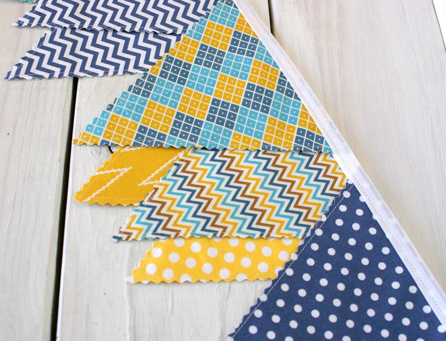 Bunting Banner Fabric Flags  - Geometric Dark Blue, Yellow and Teal Blue - Ready to Ship
