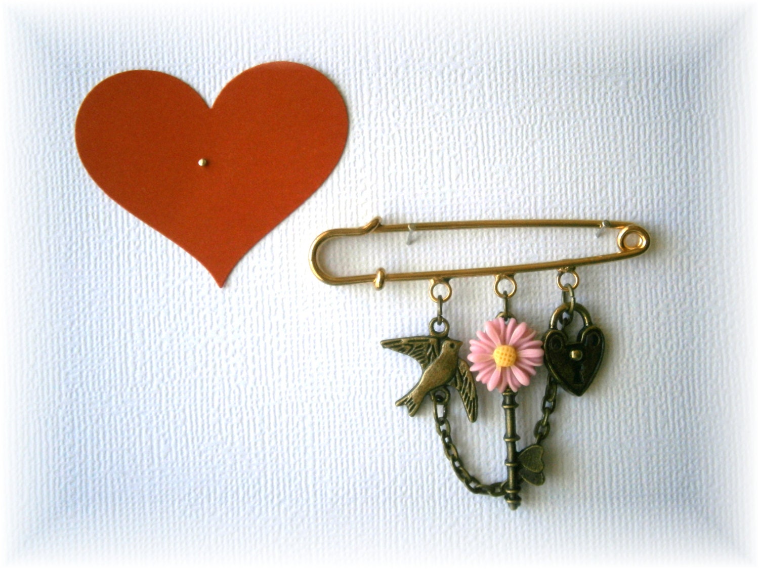 Kilt Pin Brooch,Tattoo : Version 5, Swallow, Pink Daisy, Ornate Key, Padlock Heart, OOAK, made with love by maddabling