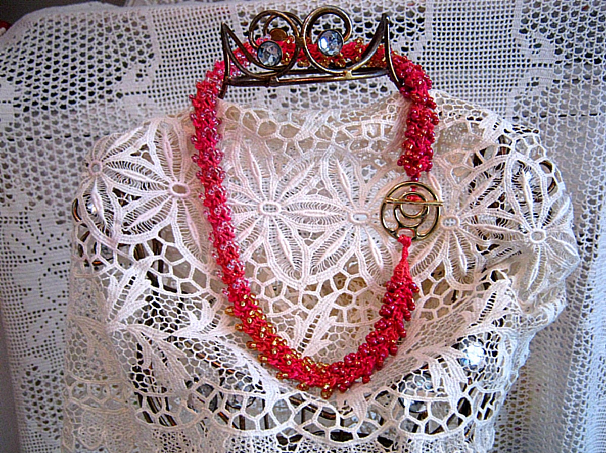 Knit Beaded Necklace - "Glitter Red"