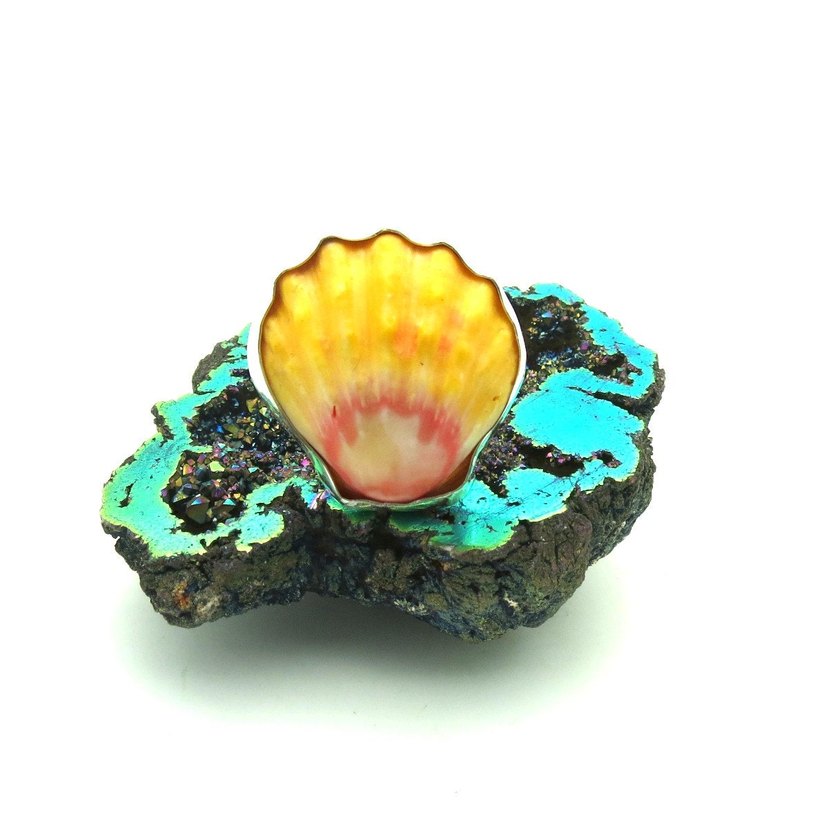 Hawaiian Sunrise Shell Ring with floral Lei Band.. Custom Ring