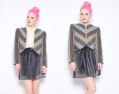 70s Gray Wool Chevron Striped Jacket - 1970s Herringbone Cropped Puffy Sleeve Jacket - Gray // Brown - S 2 4 6