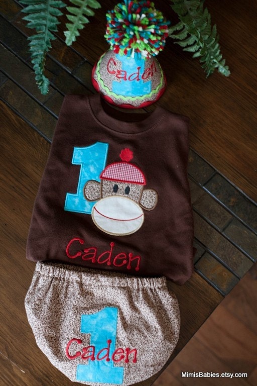 Sock Monkey Birthday Shirt Hat and Diaper Cover in Aqua