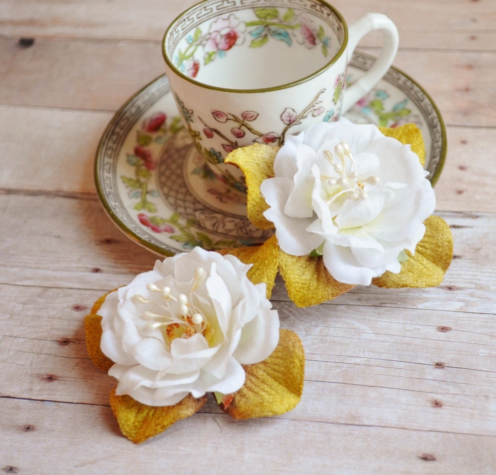 Bridal shoe clips, shoe adornments, bridal accessory, white rose clips