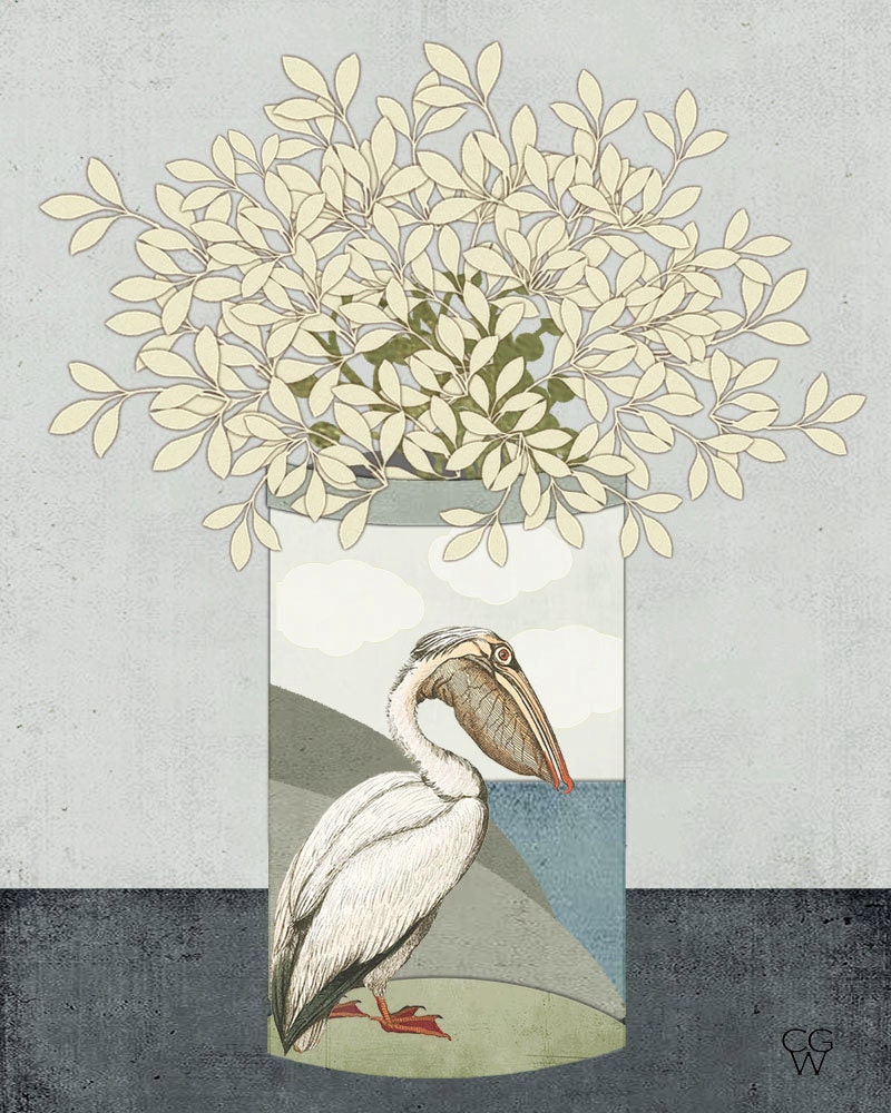 Folk Art Collage "Vase with Pelican" Print of my original Wall Decor Digital Art Print 8 x 10