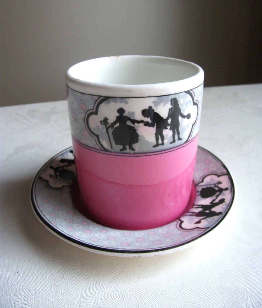 Antique Pink Demitasse and Saucer With Silhouette Design - Going Courting