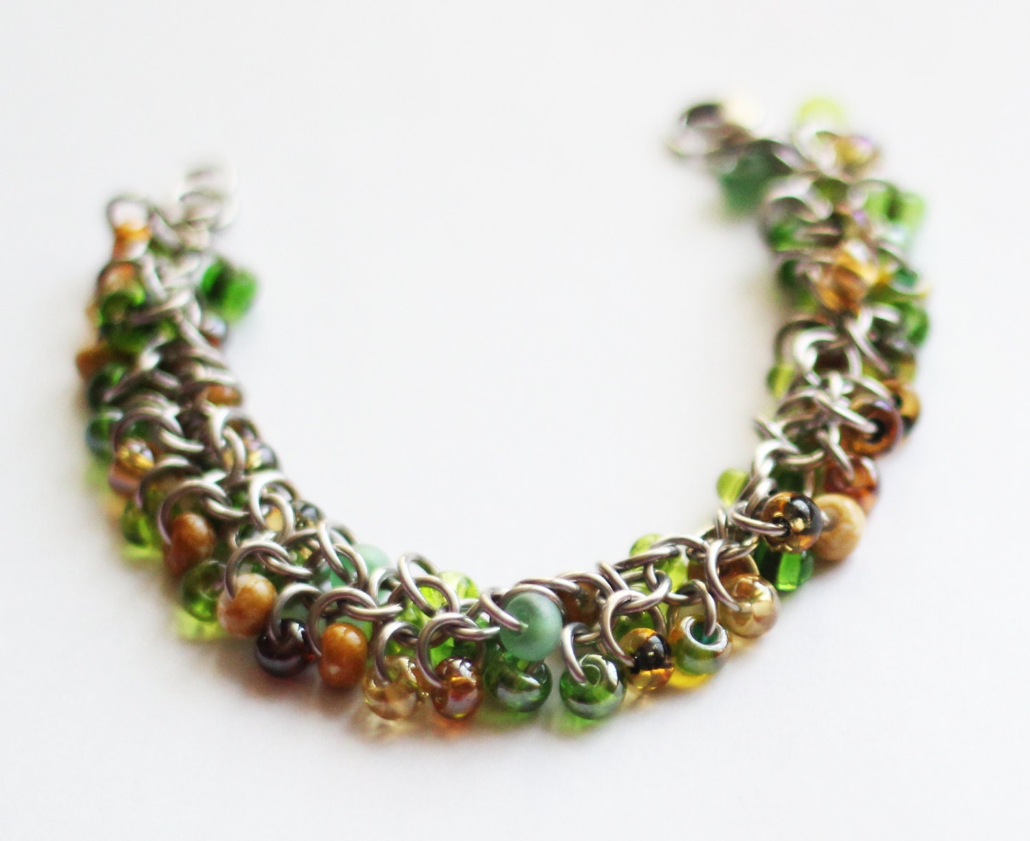 Green and Earth Tone Beaded Chainmail Bracelet