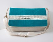 Cross Body Bag in Beige Canvas with Teal Corduroy Flap with Ivory Crochet Lace - ready to ship