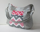 Large Cross Body Bag in Coral and Grey Chevron and grey faux leather - 7 pockets - ready to ship