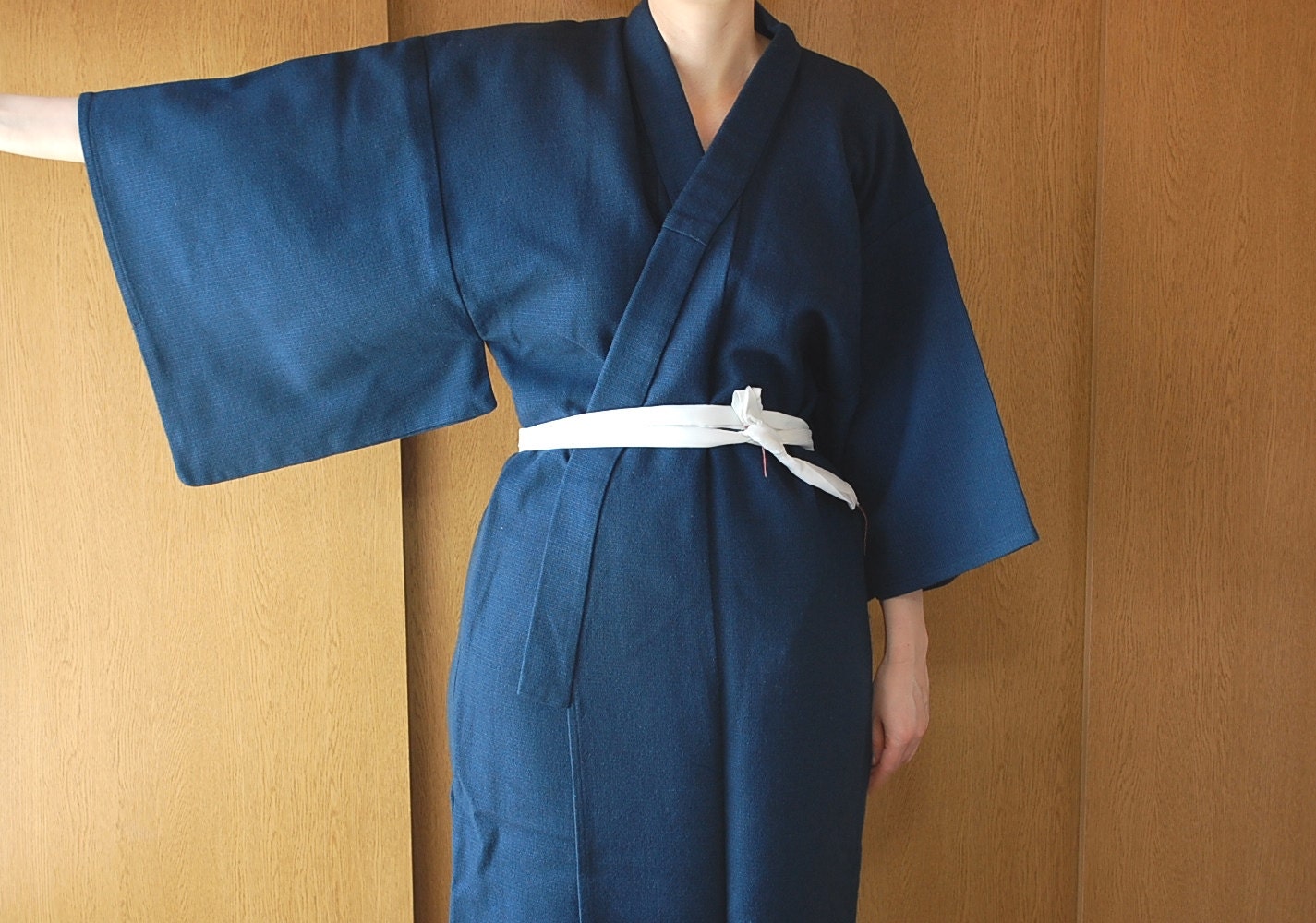 Heavy Blue Wool Kimono For Men