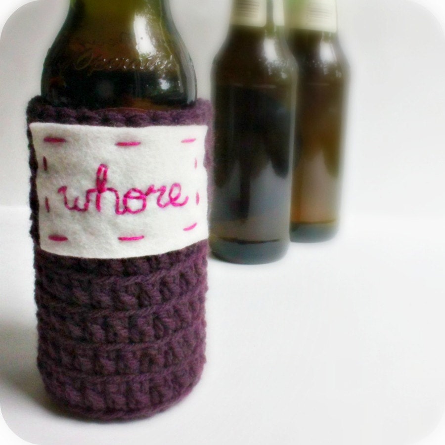 Beer Koozie Bottle Can Whore purple pink funny crochet handmade cozy cover