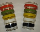 2 Vintage Bright Striped Anchor Hocking Glasses Tumblers