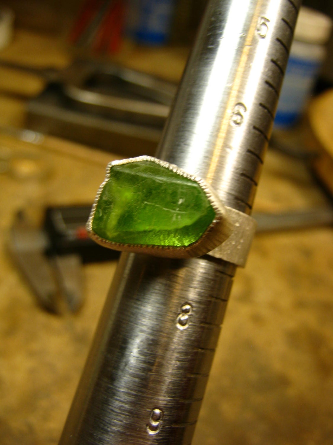 Big Rough Peridot Birch Bark Ring Sterling Silver Rustic Oxidized - Custom select your stone and size