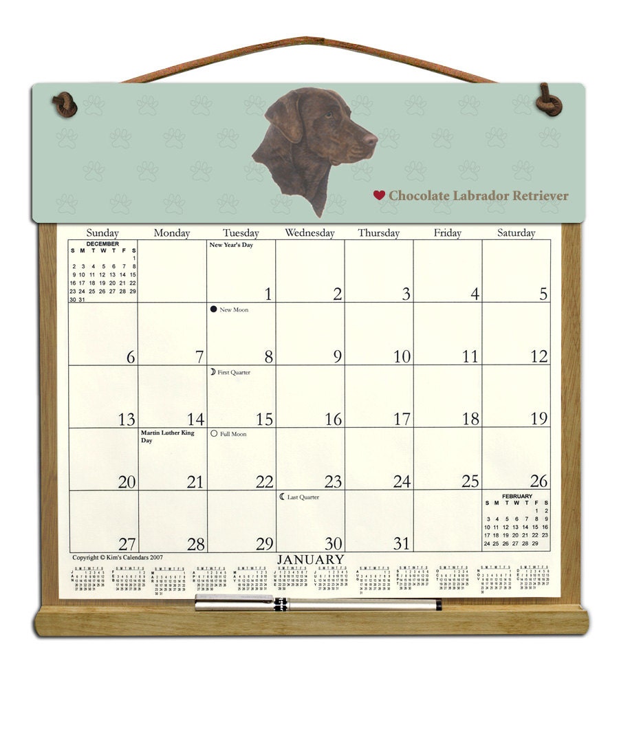 Chocolate Labrador Retriever  Dog Wooden Refillable  Calendar Holder filled with 2013 & 2014 calendars.