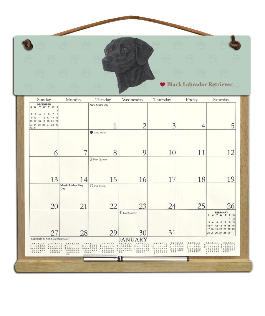Black Labrador Retriever  Dog Wooden Refillable  Calendar Holder filled with 2013 & 2014 calendars.