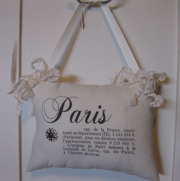 Paris Graphic Pillow, Hanging Pillow,French Country, Romantic, Cottage Chic, Ribbon