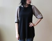 Women's Tunic Top, Black & Pale Gold with White Print, Puff Sleeves, Bamboo Jersey, Modern Bohemian Style- made to order