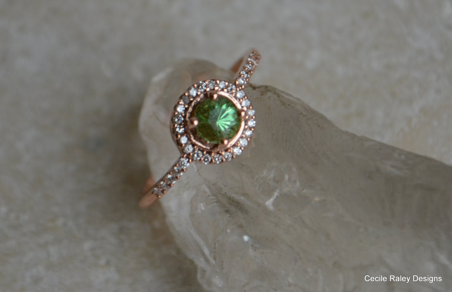 Rose Gold Halo Ring With Merelani Mint Garnet and Diamonds