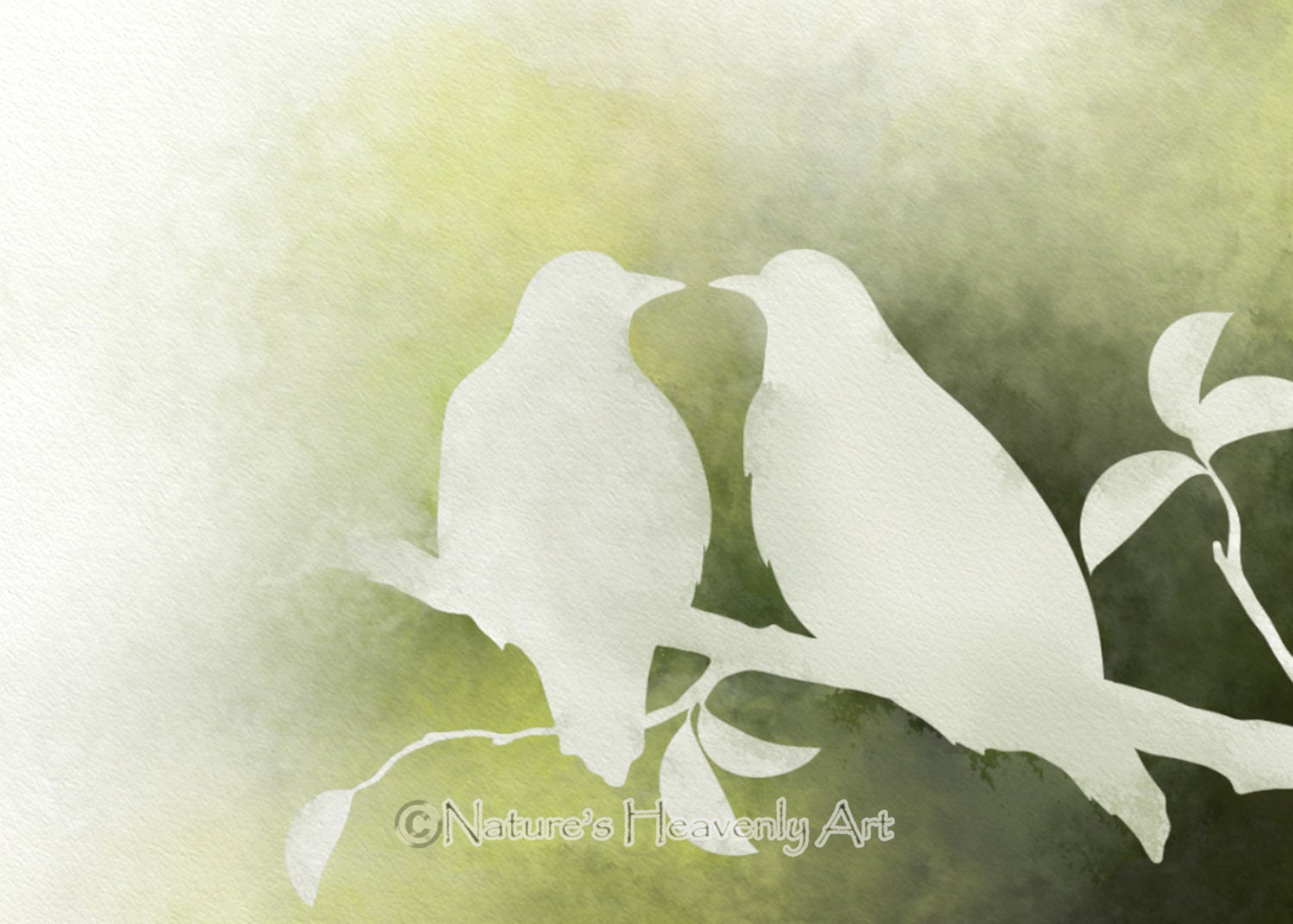 Green Nature Colors Love Bird  Art 5 x 7 Print, Woodland Animal, Watercolor Tree Branch, Earthy, Romantic