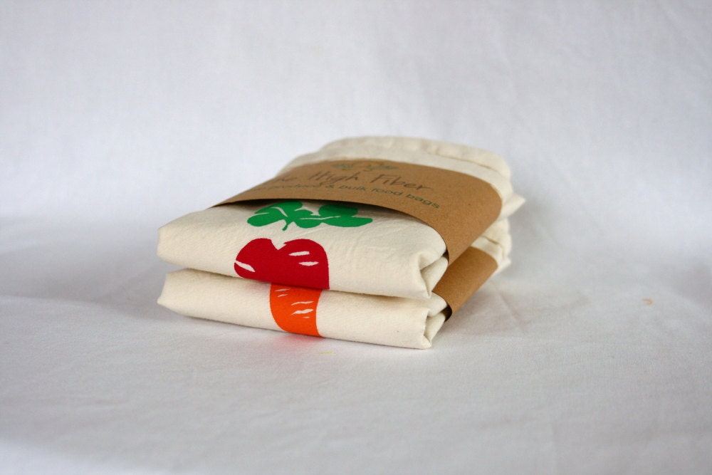 Reusable Produce or Bulk Food Bags, Set of 6, Carrot and Heart Beet Prints