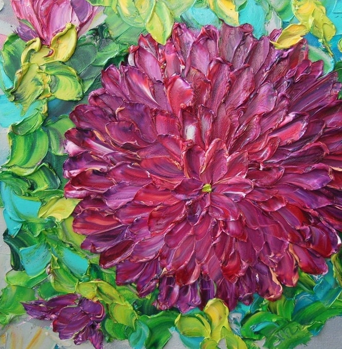 Oil Painting Magenta and Purple Dahlia on Canvas