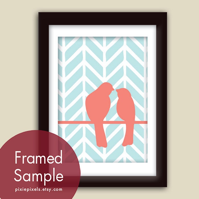 Love Birds on a Wire (A) - 5x7 Art Print (Featured in Pale Caribbean and Coral Rose) Buy 3 get one Free